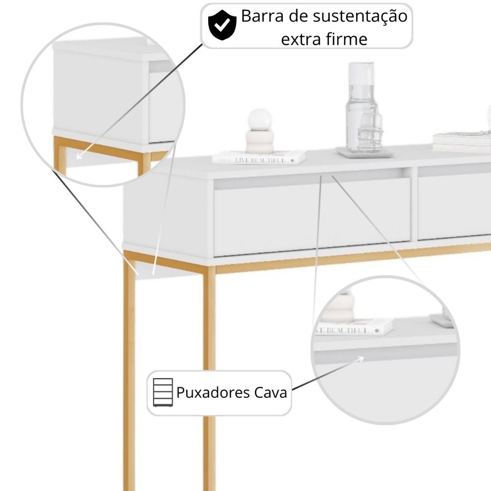 Aparador Buffet Rio 2 Gavetas Para Sala 90 cm Branco Dourado