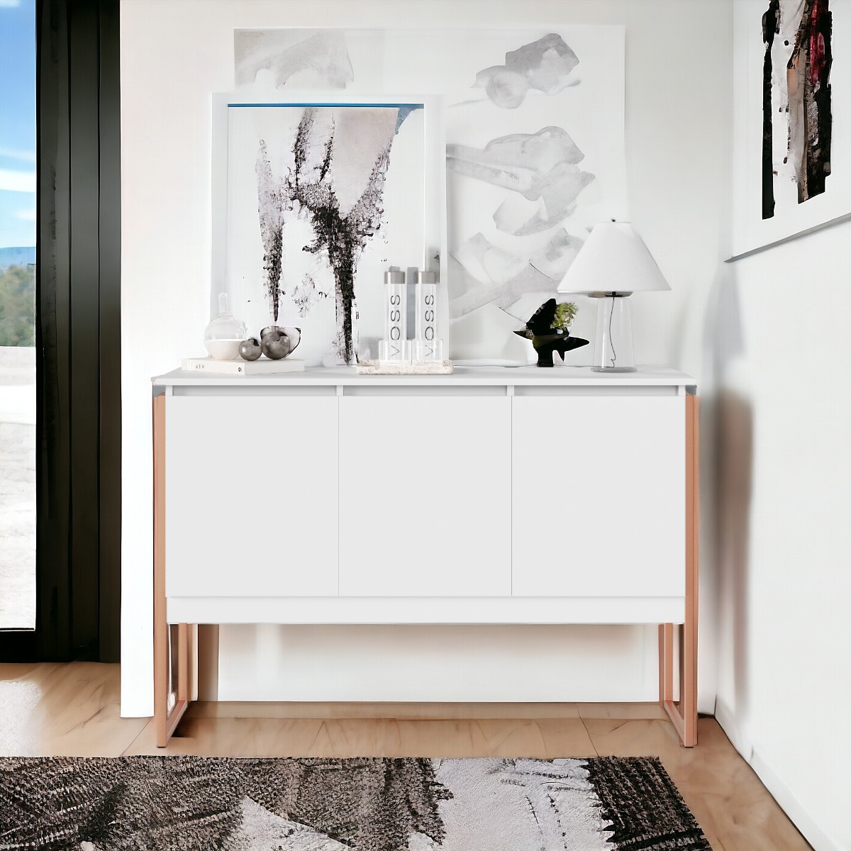 Aparador Buffet para Sala Industrial Oslo Branco Cobre