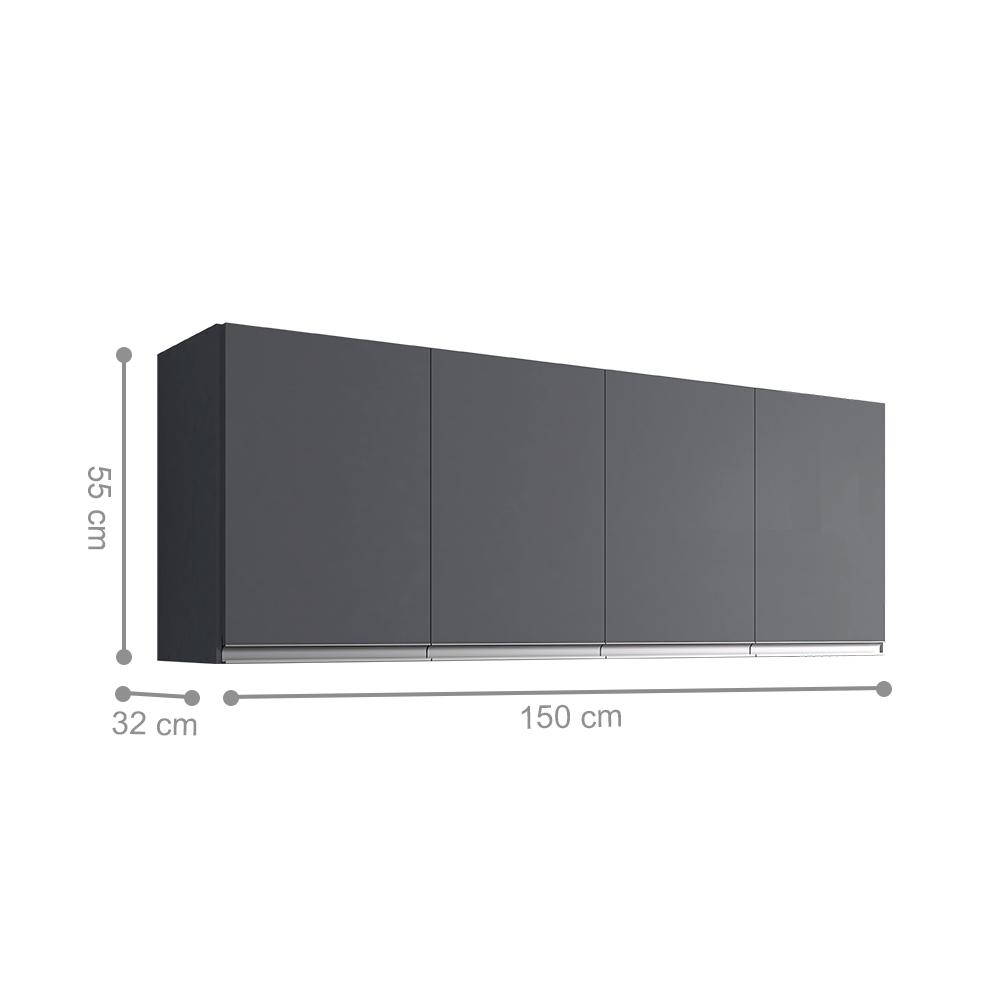 Armário Aéreo 4 Portas Preston Preto Fosco