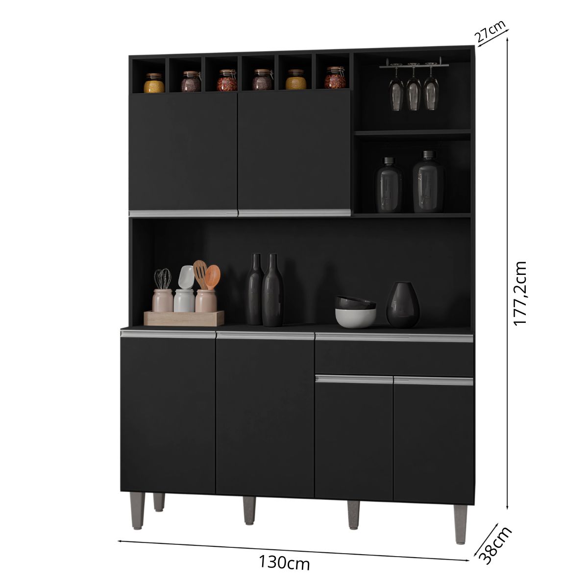Armário de Cozinha 6 Portas 2 Gavetas Barcelona Preto