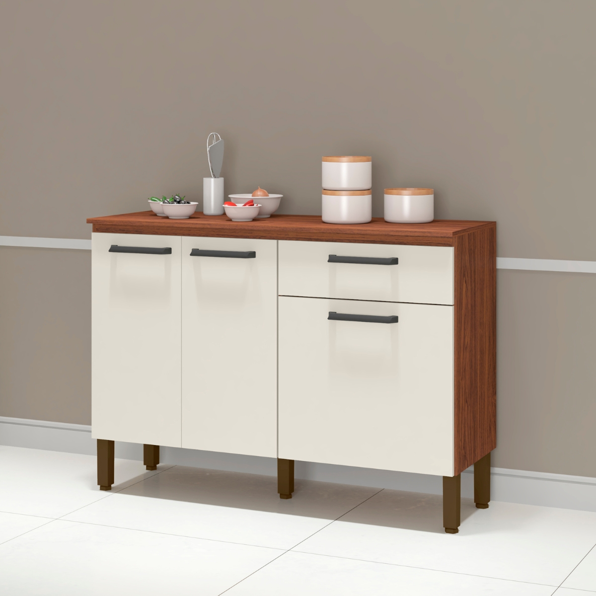 Balcão Pia para Cozinha 2 Portas Corunha Nogueira Off White