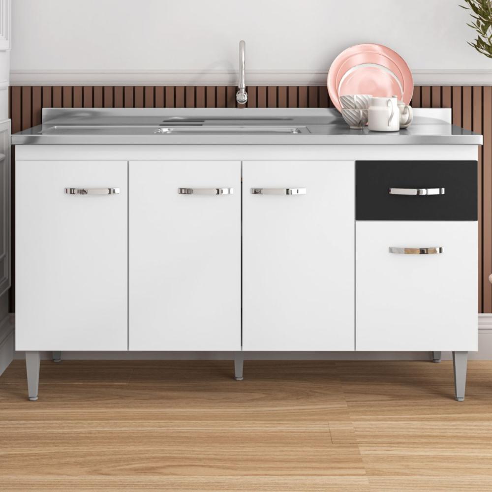 Balcão de Cozinha 3 Portas 1,50m Cheltenham branco preto flex  