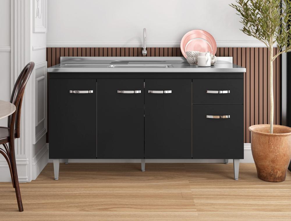 Balcão de Cozinha 4 Portas 1.5 Exeter Preto Fosco