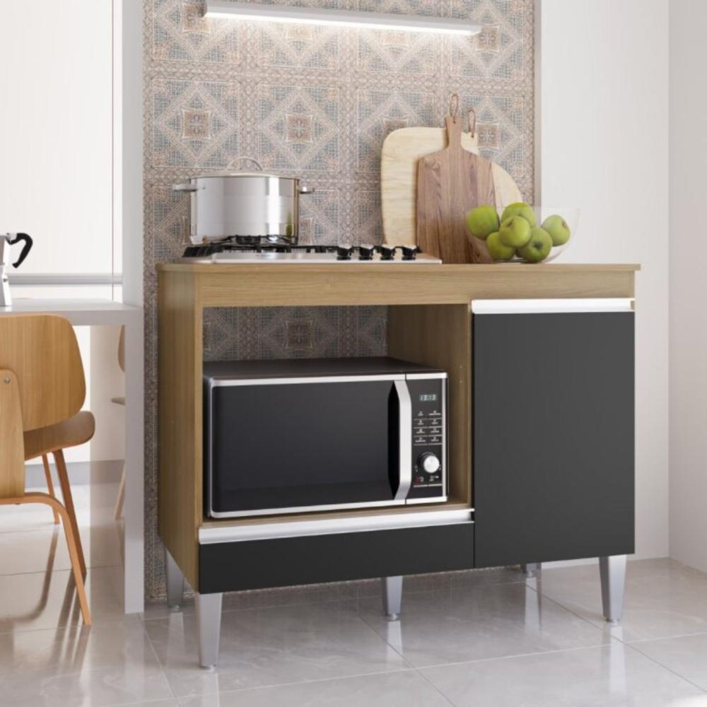 Bancada para Cooktop com Porta e Gaveta Madri Amendoa preto  