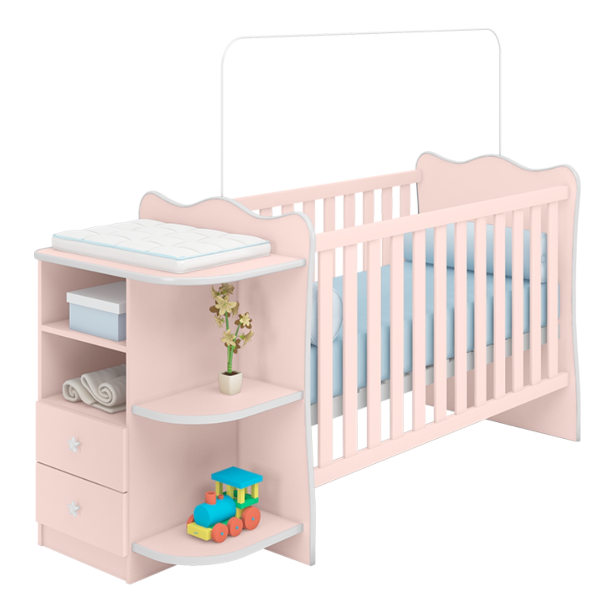 Berço Cômoda 2 Gavetas Cuenca Rosa Acetinado