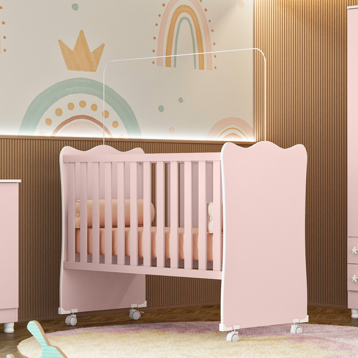 Berço com 4 Pés Rodizio Tóquio Rosa Acetinado