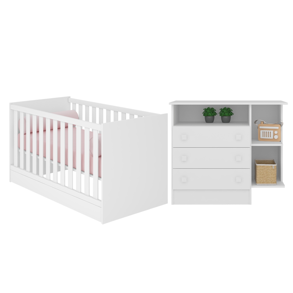 Berço e Cômoda com 3 Gavetas Merlo Branco Branco