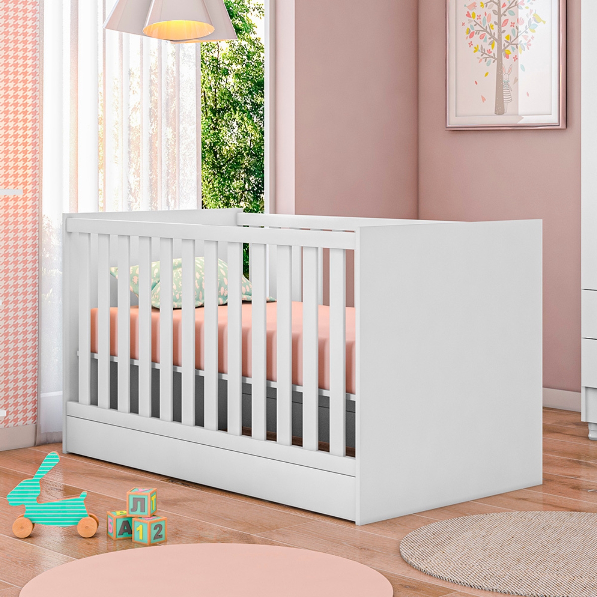 Berço e Cômoda com 3 Gavetas Merlo Branco Branco