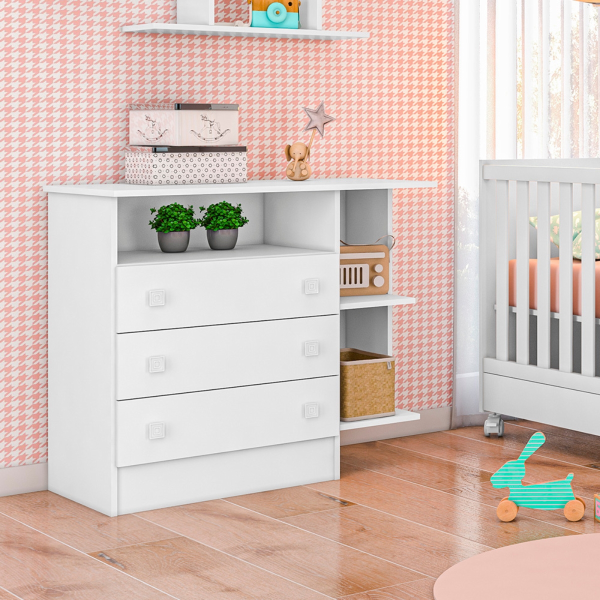 Berço e Cômoda com 3 Gavetas Merlo Branco Branco