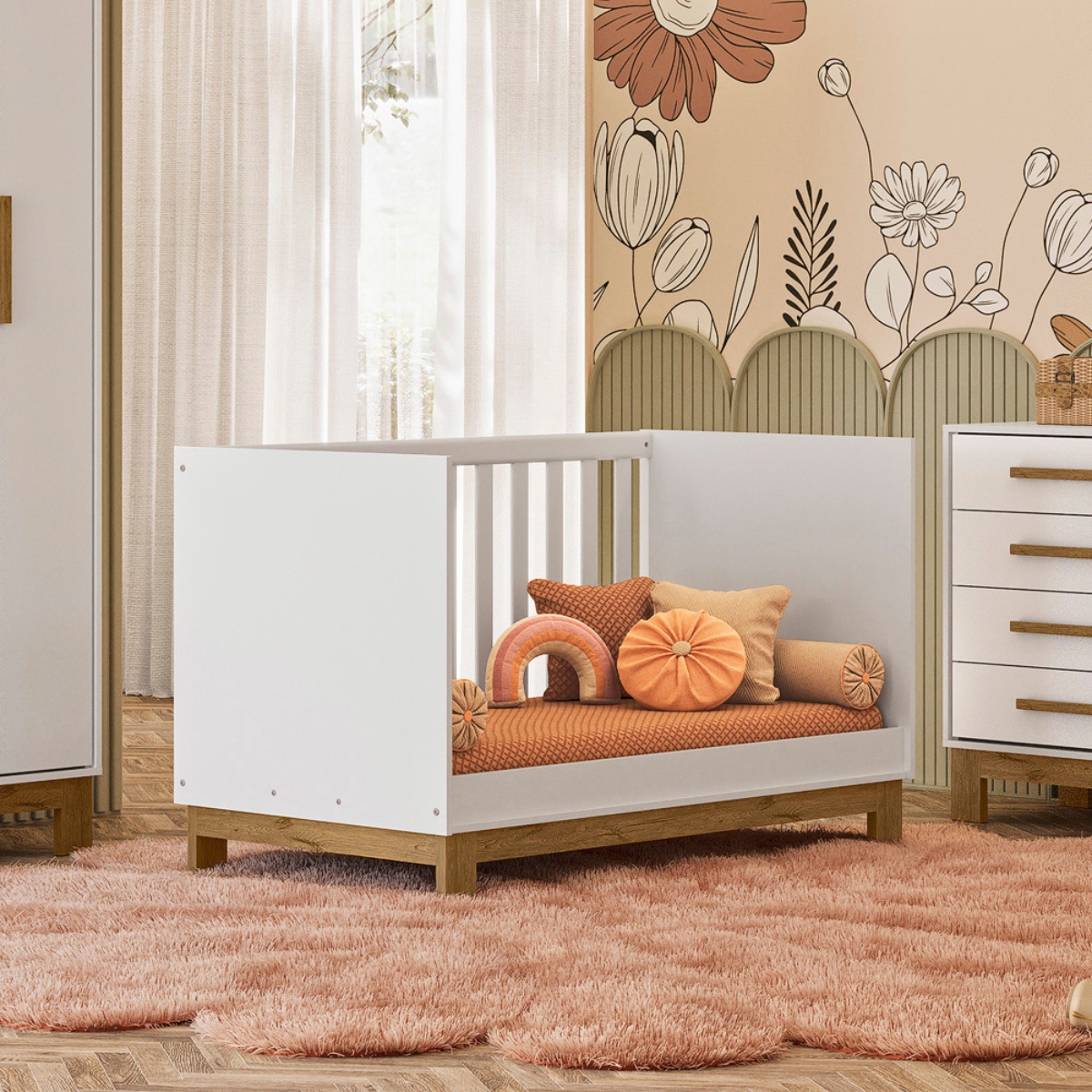 Berço e Cômoda com 4 Gavetas Nauru Branco Acetinado