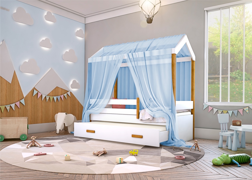 Bicama Montessori Exclusiv Solteiro com Colchão e Voal Azul