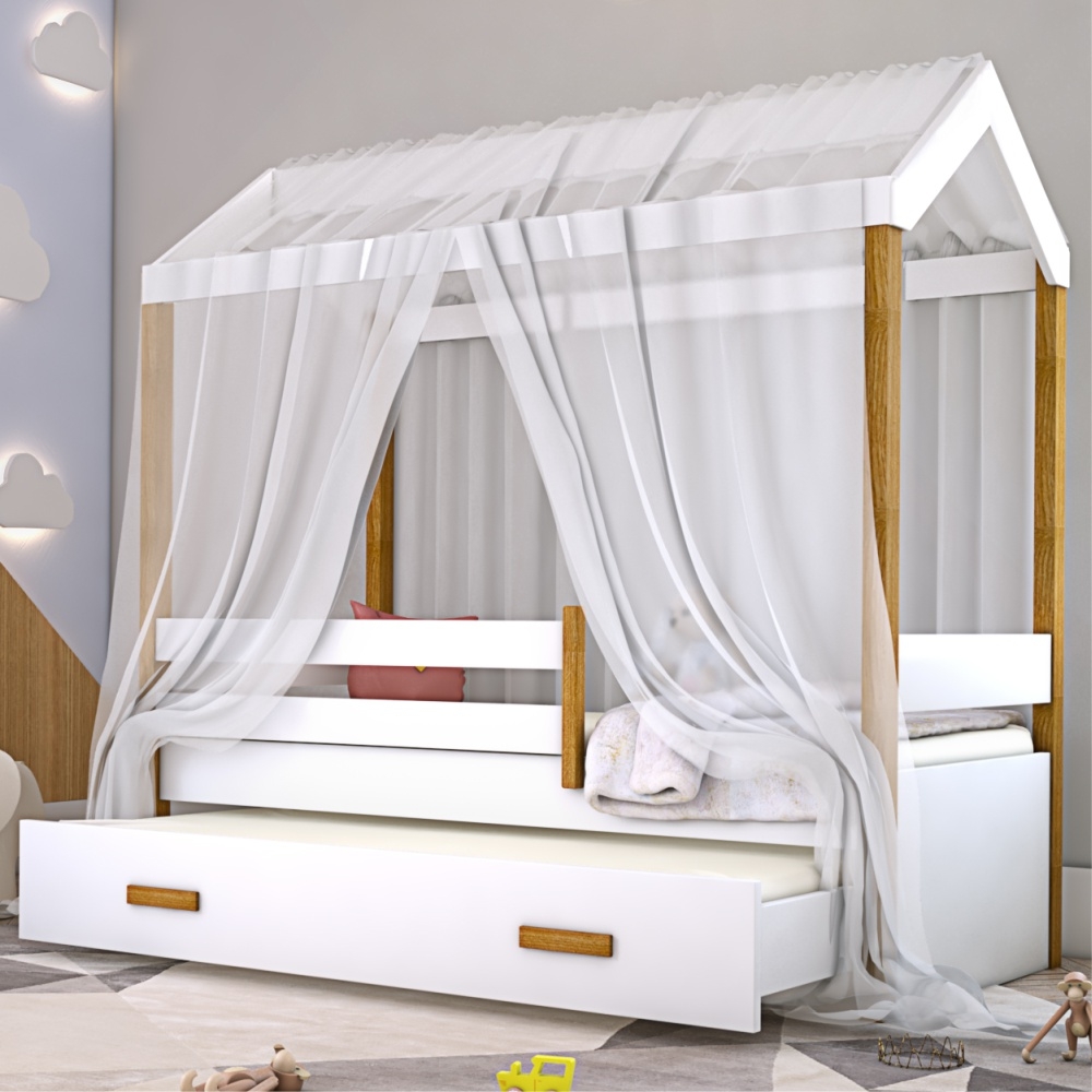 Bicama Montessori Exclusiv com Colchão e Voal Branco
