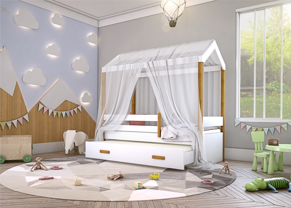 Bicama Montessori Exclusiv com Colchão e Voal Branco