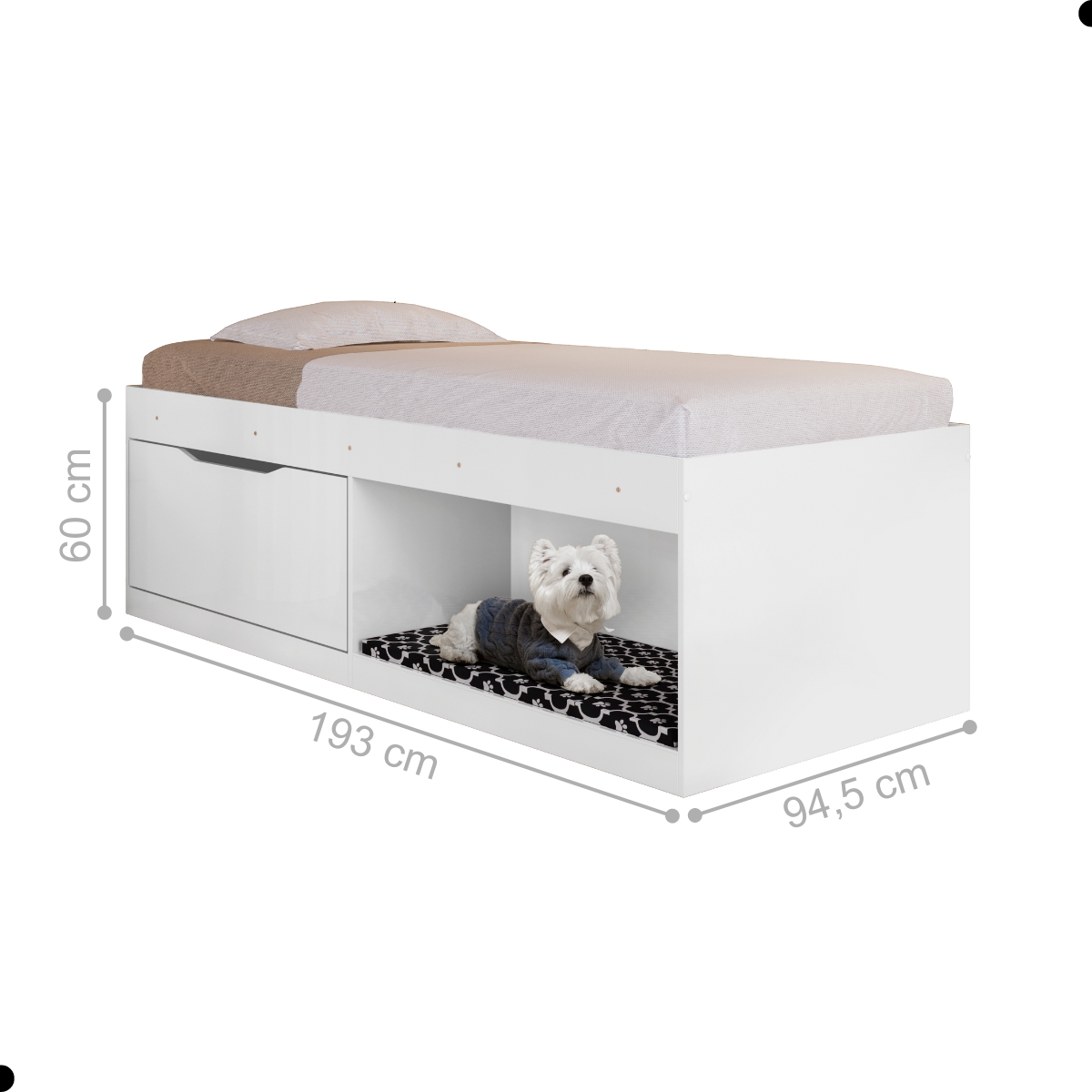 Box Solteiro 2 Prateleiras Flórida Com Kit Pet e Colchão Branco
