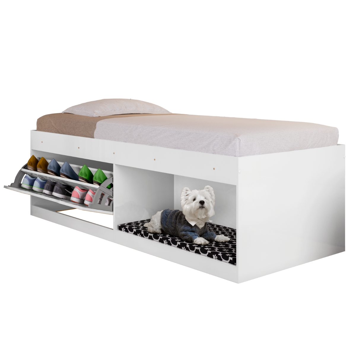 Box Solteiro 2 Prateleiras Flórida Com Kit Pet e Colchão Branco