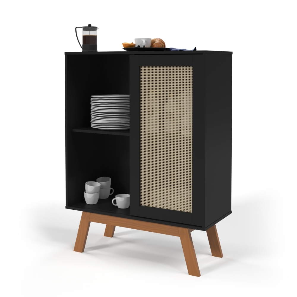 Buffet Barcelona com Porta em Rattan Sintético Preto