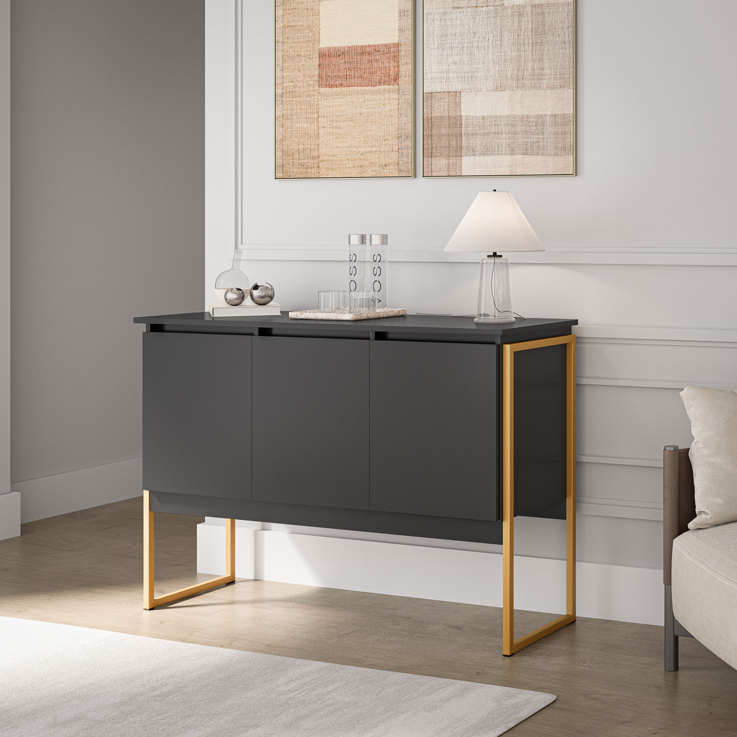 Buffet Classico com 3 Portas Veneza Preto Dourado