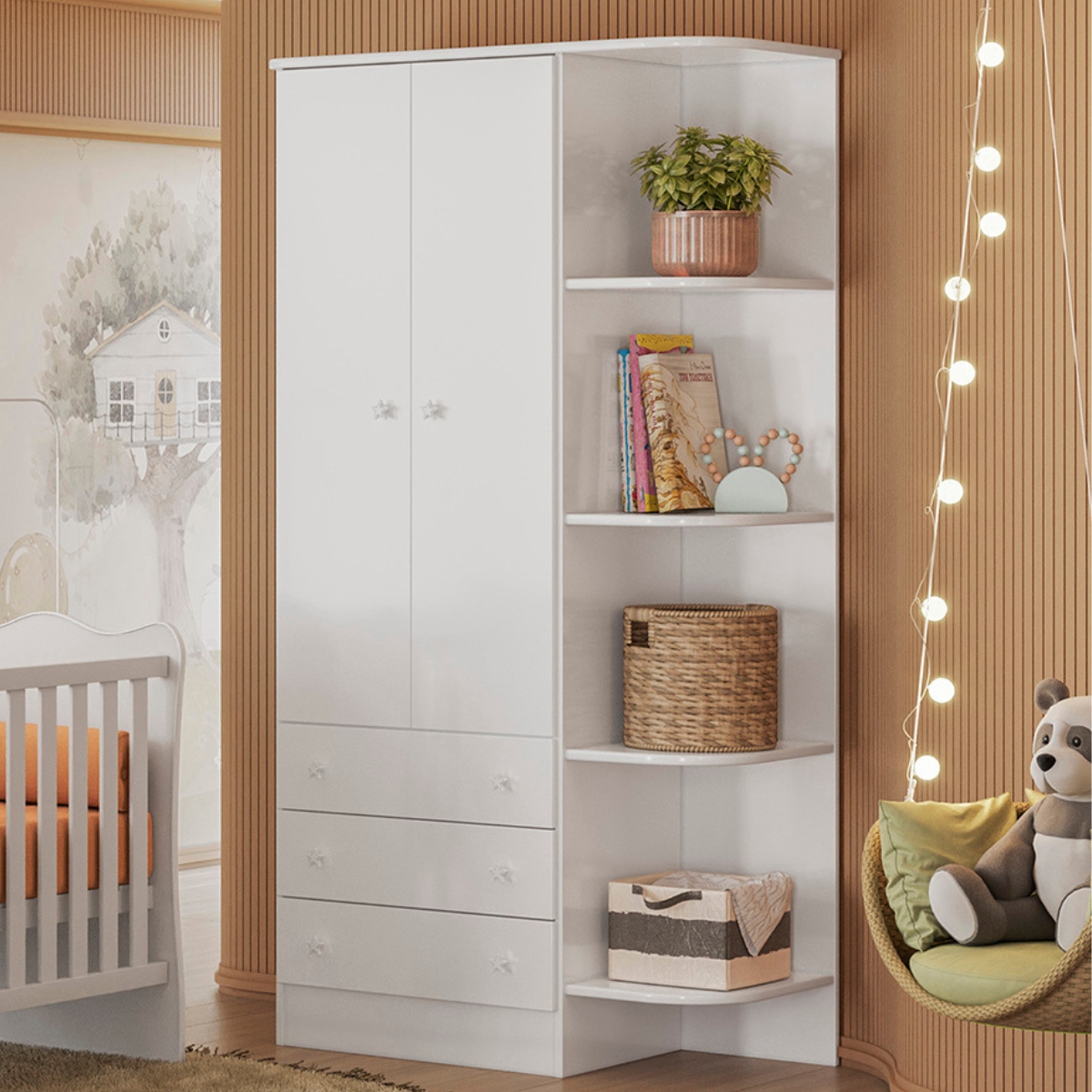 Cômoda com 4 Gavetas e Roupeiro Amesterdã Branco Branco