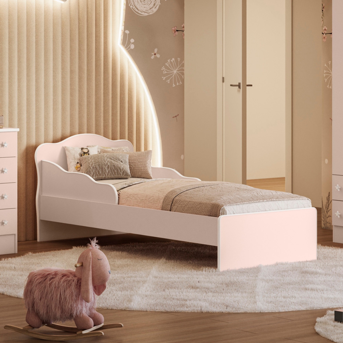 Cama Infatil com Proteção Lateral Milão Rosa Acetinado