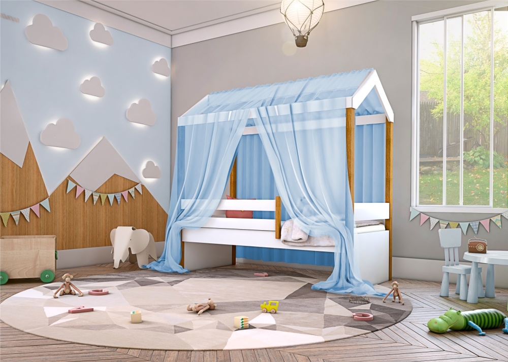 Cama Montessori Cabana Solteiro com Colchão e Dossel Azul