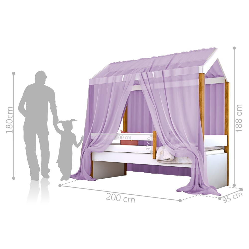 Cama Montessori Cabana Solteiro com Colchão e Dossel Lilás