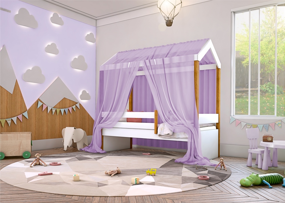 Cama Montessori Cabana Solteiro com Colchão e Dossel Lilás