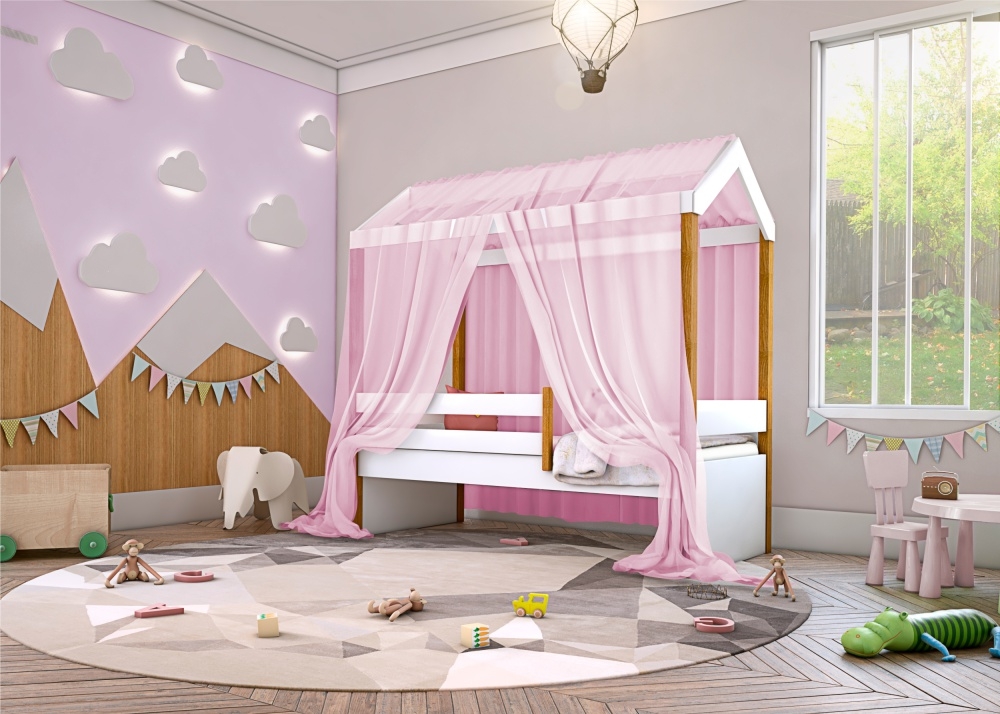 Cama Montessori Cabana Solteiro com Colchão e Dossel Rosa