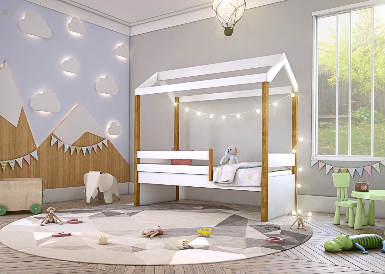 Cama Montessori Cabana Solteiro com Cordão LED