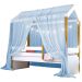 Cama Montessori Cabana Solteiro com Cordão LED e Dossel Azul
