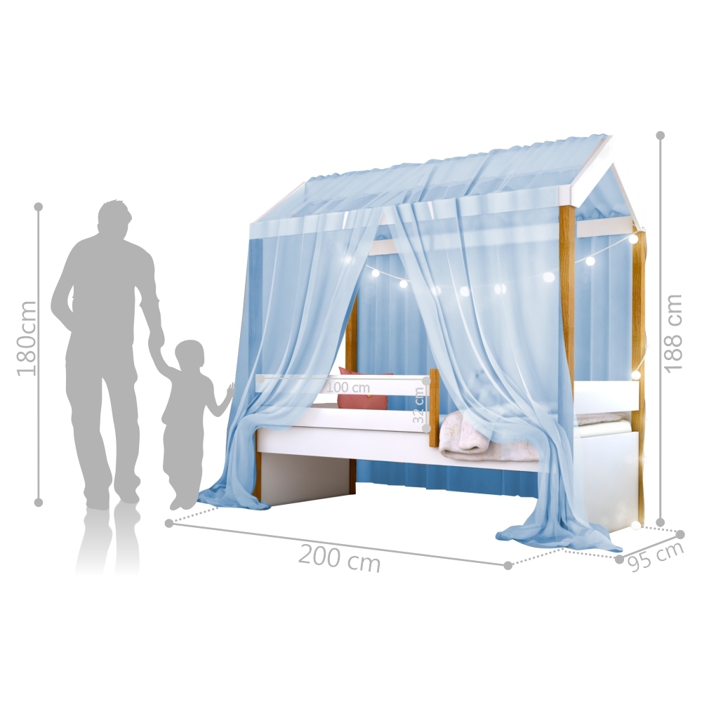 Cama Montessori Cabana Solteiro com Cordão LED e Dossel Azul