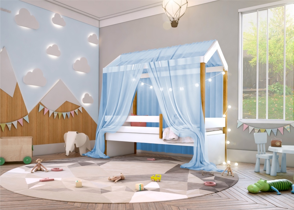 Cama Montessori Cabana Solteiro com Cordão LED e Dossel Azul
