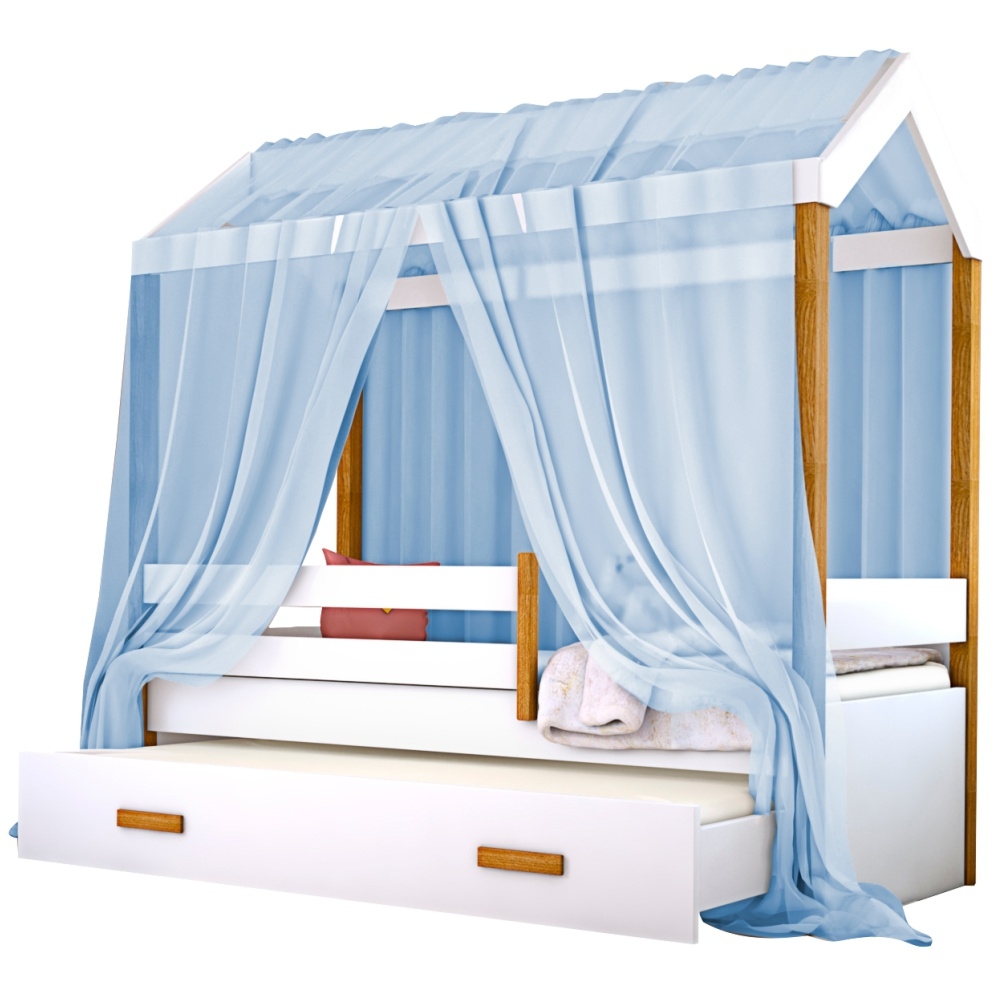 Cama Montessori Cabana com Auxiliar Colchão e Dossel Azul