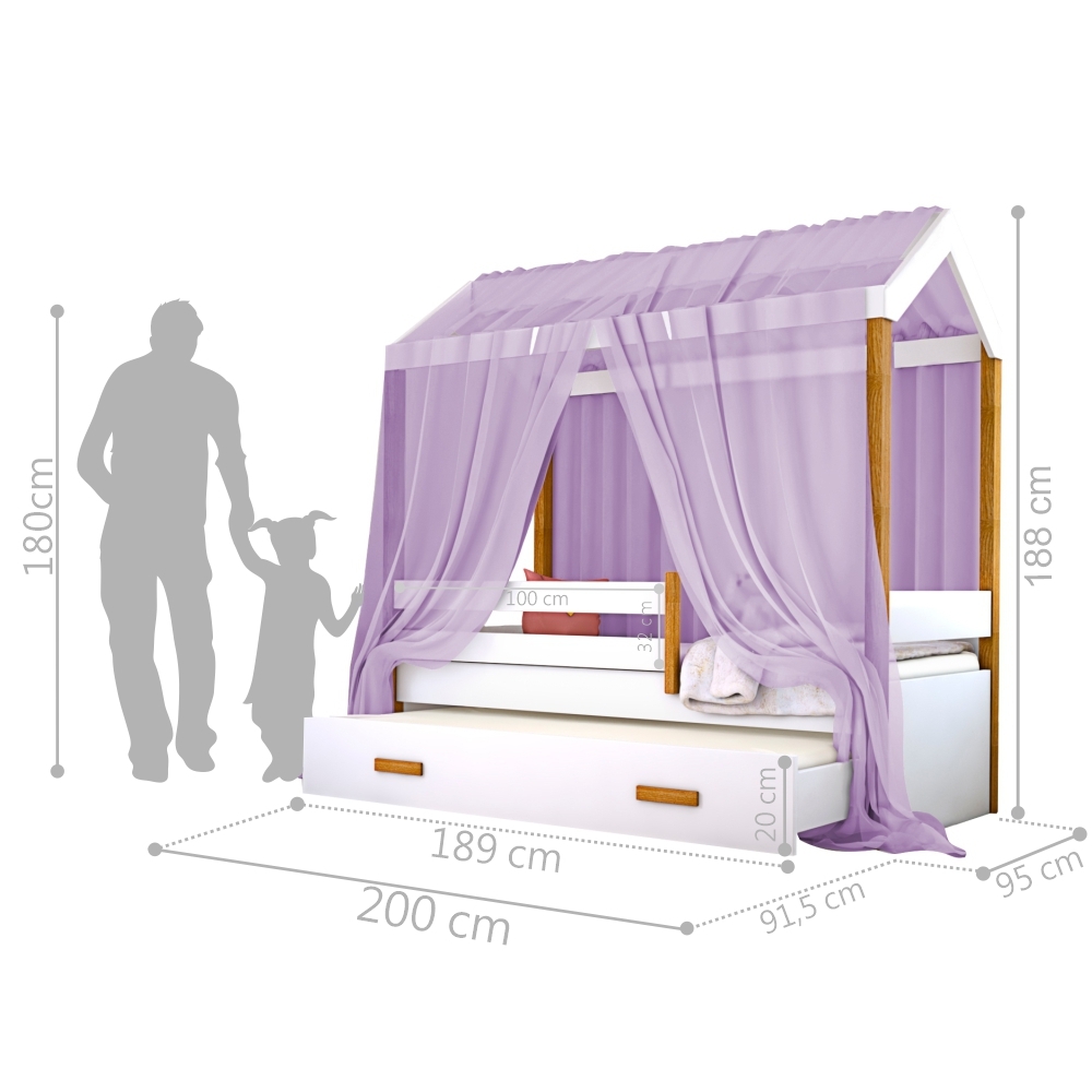 Cama Montessori Cabana com Auxiliar Colchão e Dossel Lilás