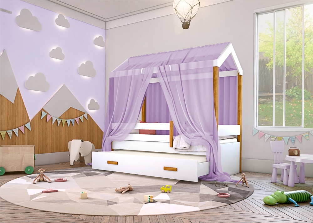 Cama Montessori Cabana com Auxiliar Colchão e Dossel Lilás