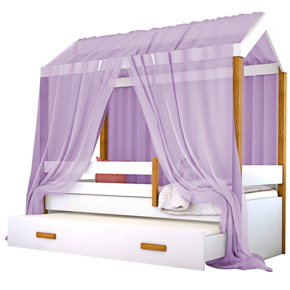 Cama Montessori Cabana com Auxiliar Solteiro e Dossel Lilás