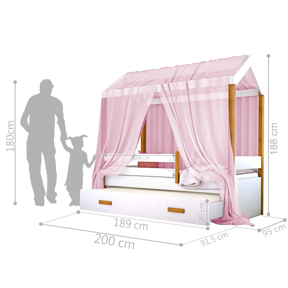 Cama Montessori Cabana com Auxiliar Solteiro e Dossel Rosa