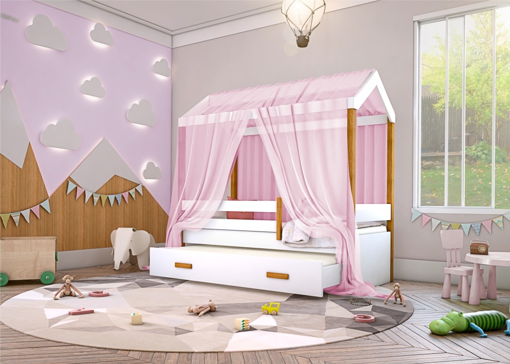 Cama Montessori Cabana com Auxiliar Solteiro e Dossel Rosa