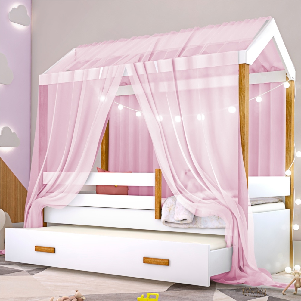 Cama Montessori com Auxiliar Bola LED Colchão e Dossel Rosa
