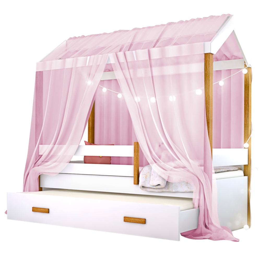 Cama Montessori com Auxiliar Bola LED Colchão e Dossel Rosa