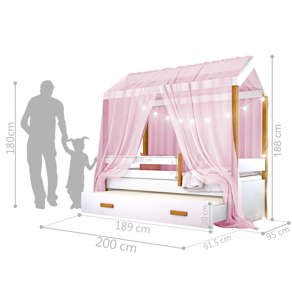 Cama Montessori com Auxiliar Bola LED Colchão e Dossel Rosa