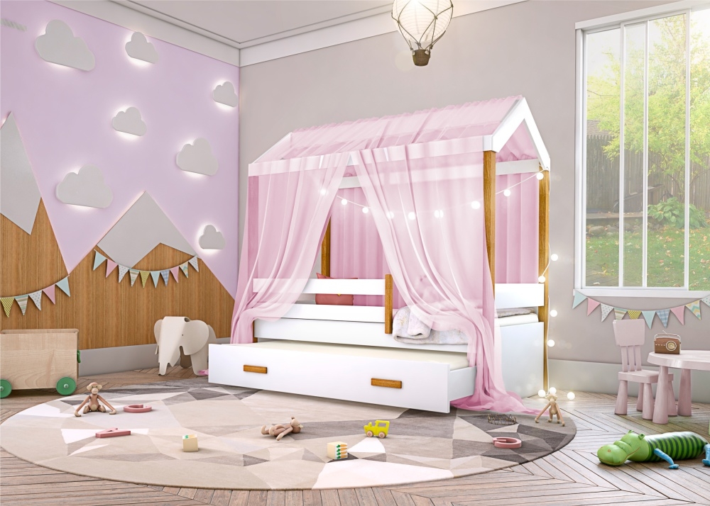 Cama Montessori com Auxiliar Bola LED Colchão e Dossel Rosa