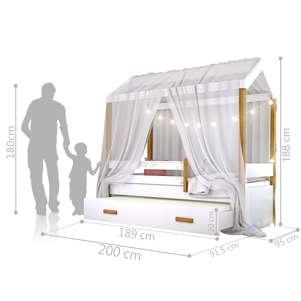 Cama Montessori com Auxiliar Cordão LED e Dossel Branco