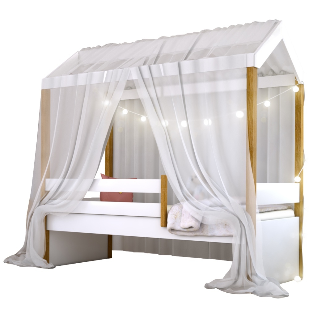 Cama Montessori com Cordão LED Colchão e Dossel Branco