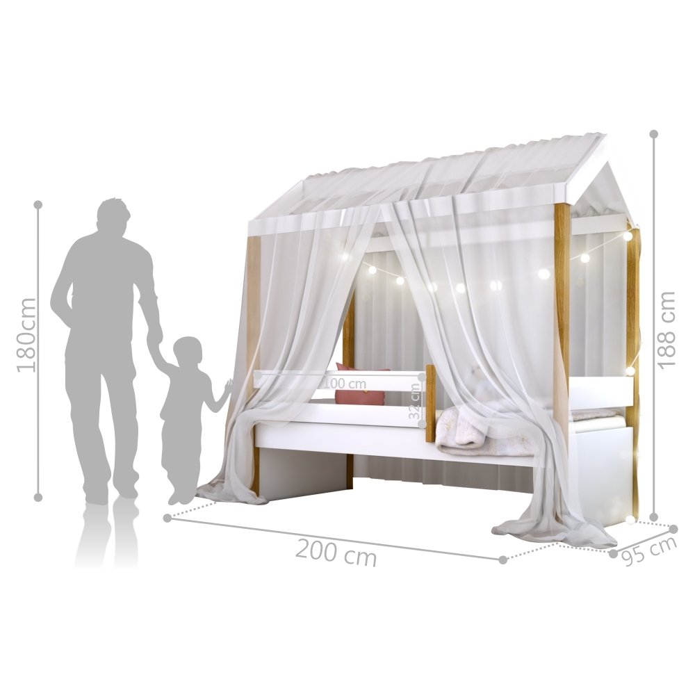 Cama Montessori com Cordão LED Colchão e Dossel Branco