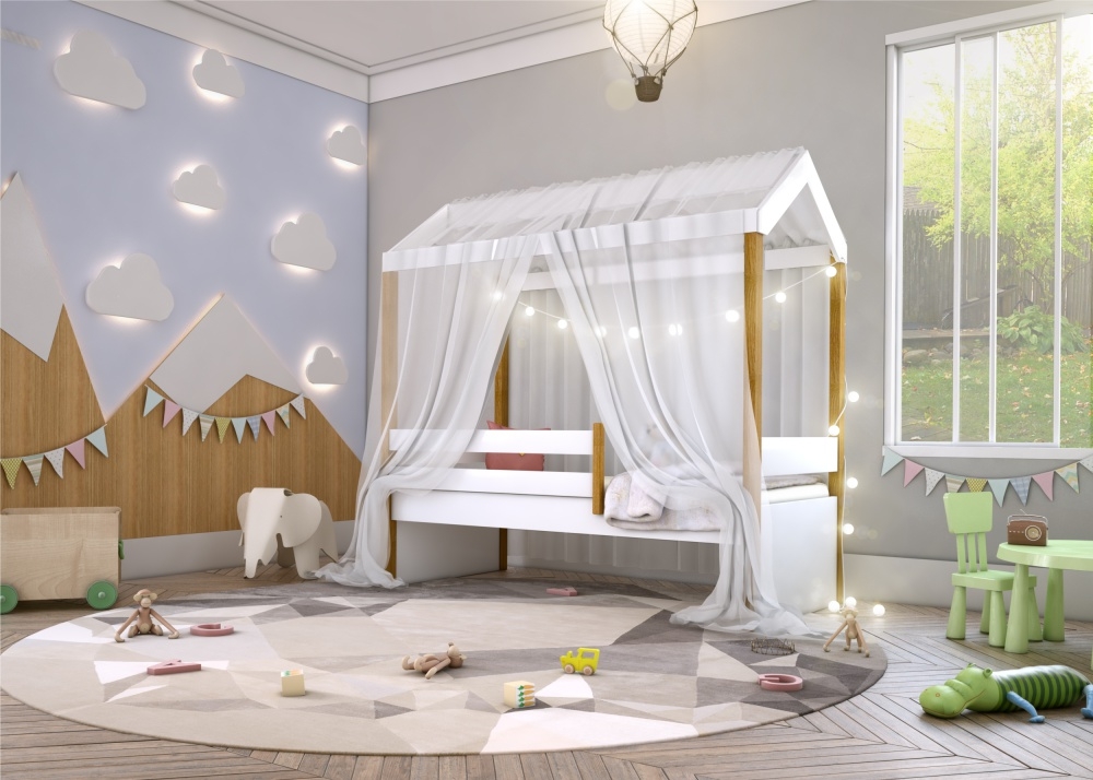 Cama Montessori com Cordão LED Colchão e Dossel Branco