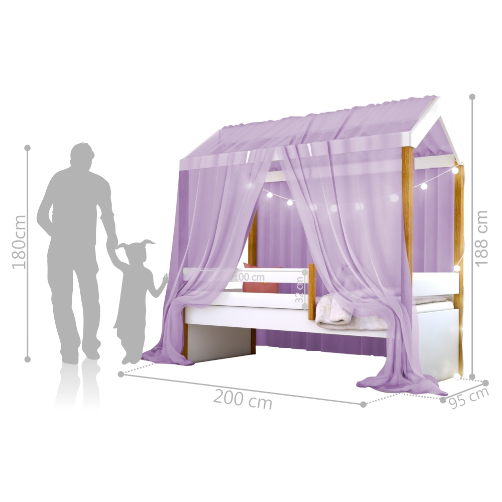 Cama Montessori com Cordão LED Colchão e Dossel Lilás