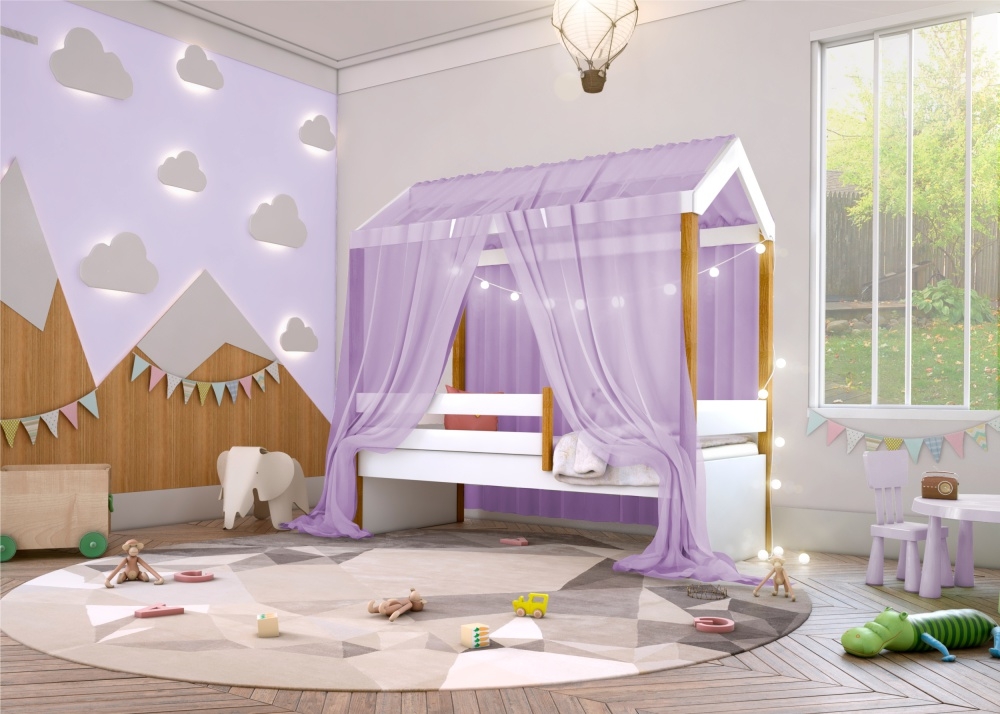 Cama Montessori com Cordão LED Colchão e Dossel Lilás