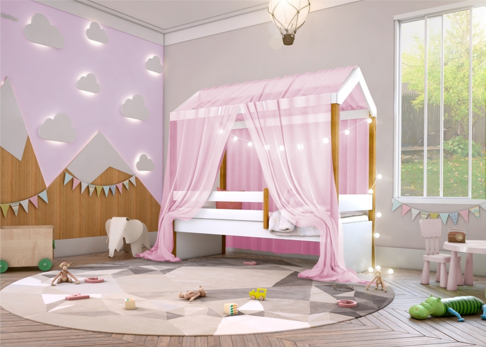 Cama Montessori com Cordão LED Colchão e Dossel Rosa