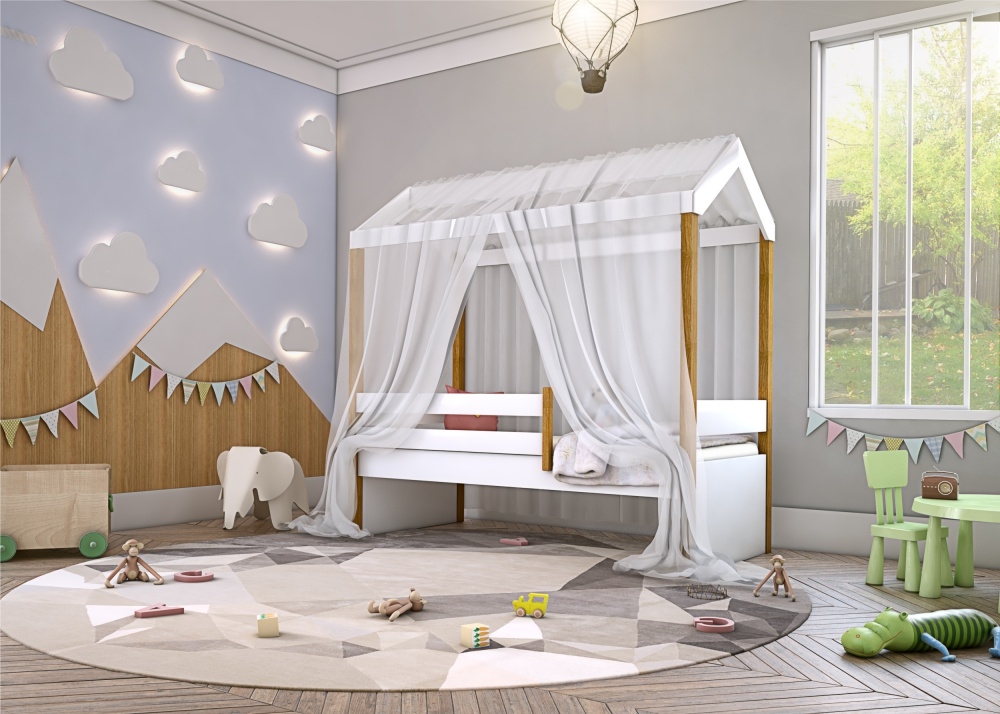 Cama Montessoriana Exclusiv Solteiro com Voal Branco