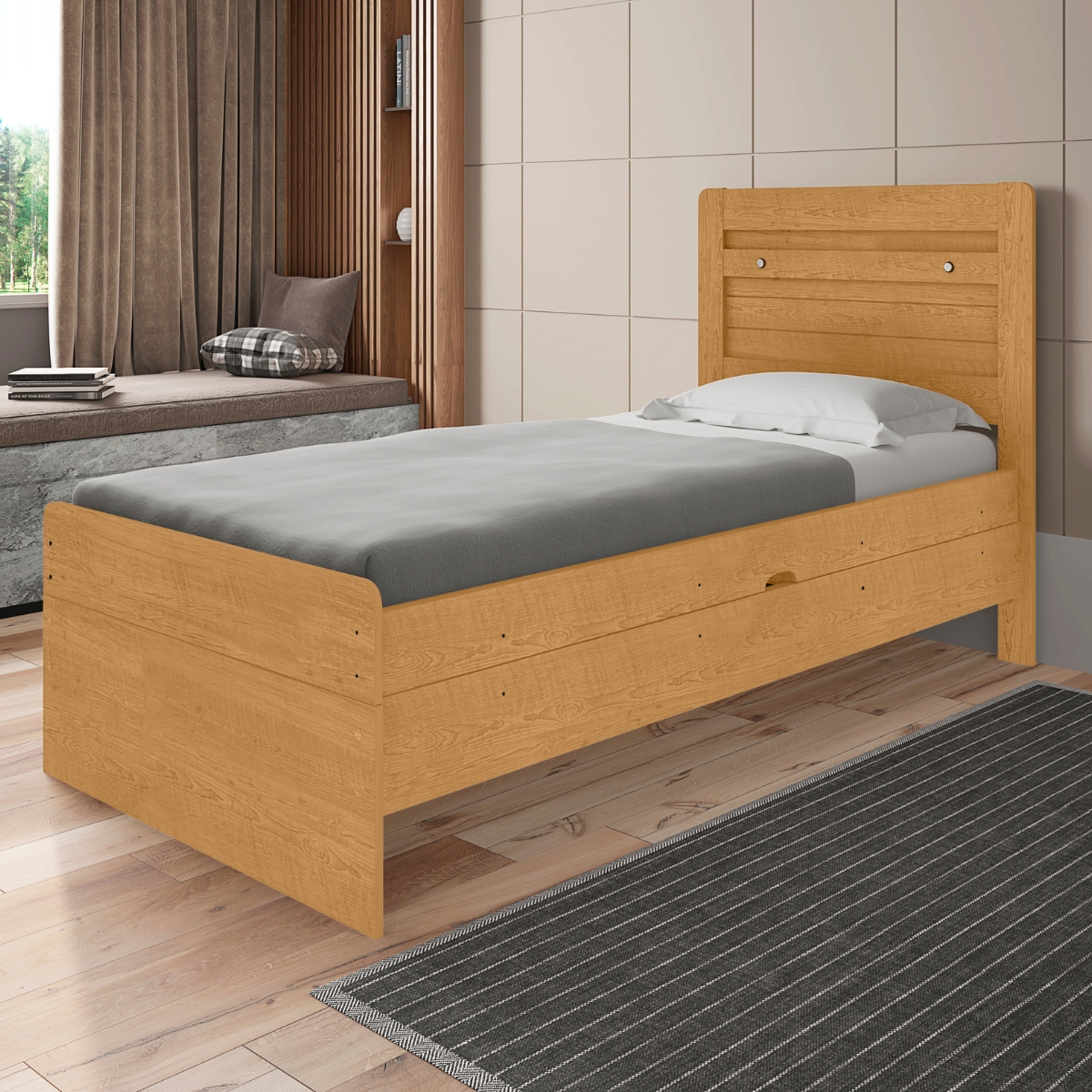 Cama de Solteiro Flex Com Colchão com Baú Denise Naturalle Off White